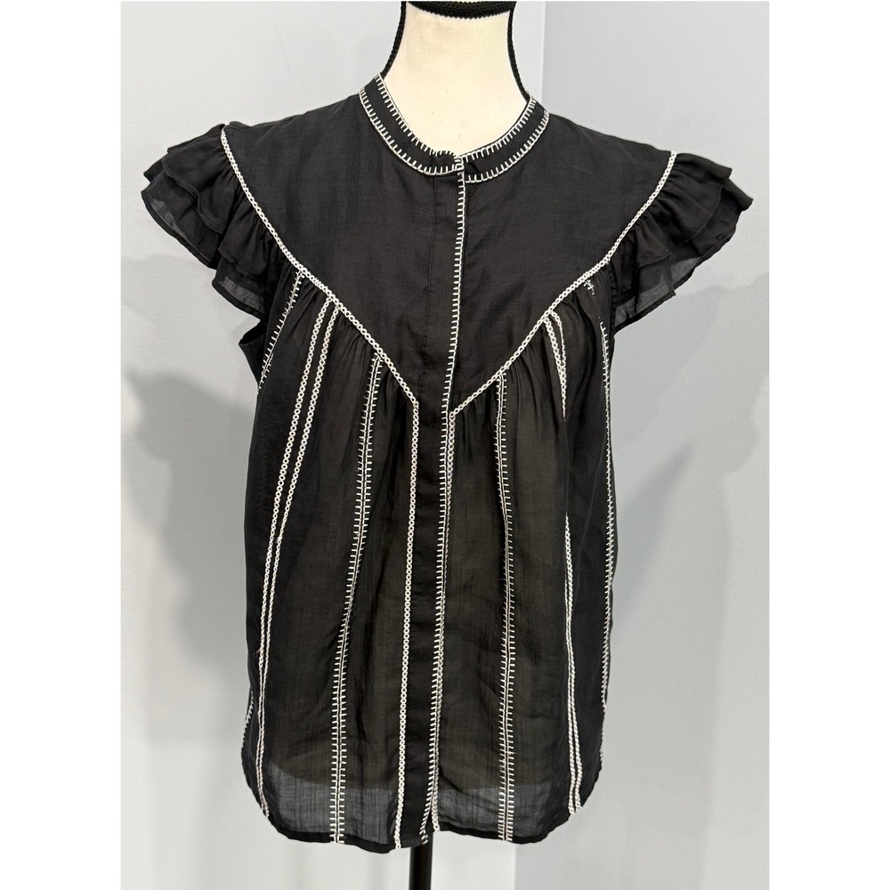 FRAME Ruffle-Trimmed Embroidered Ramie-Gauze Blouse Size M